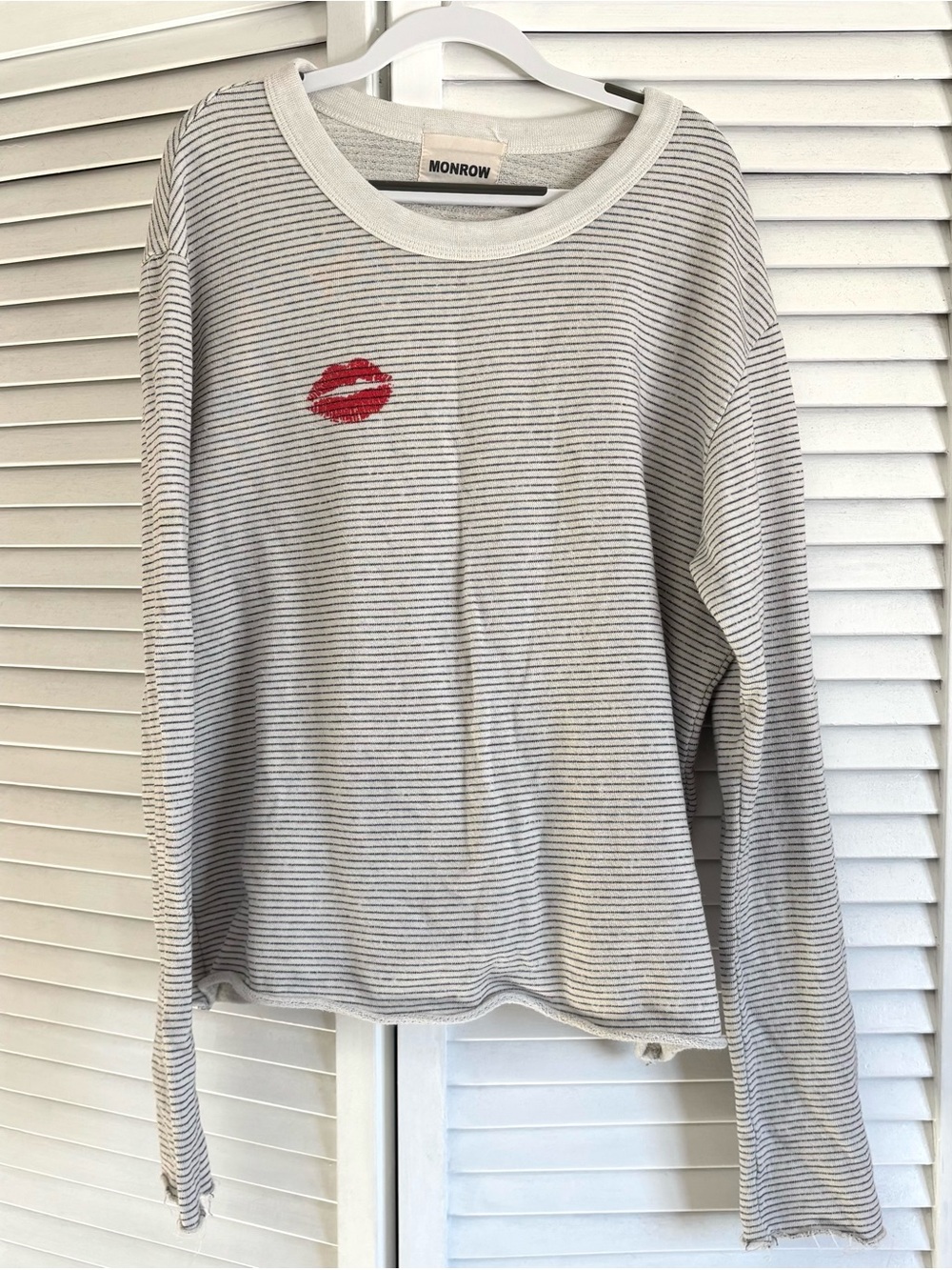 Monrow White and Black Striped Tee with Red Lip Patch